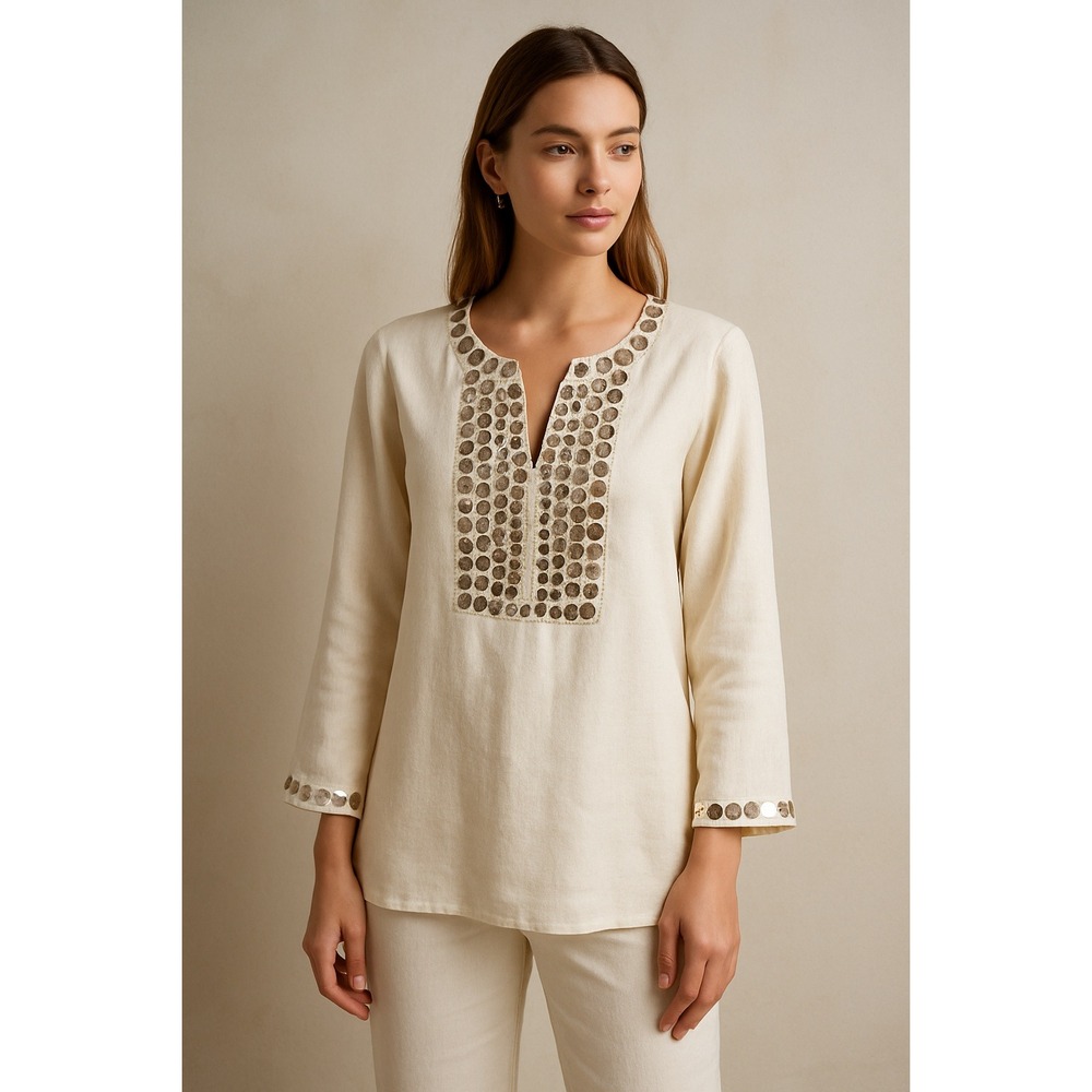 Tory Burch Linen Mirror Embellished Tunic Top 4 Cream Resort Chic Boho Lux Lined